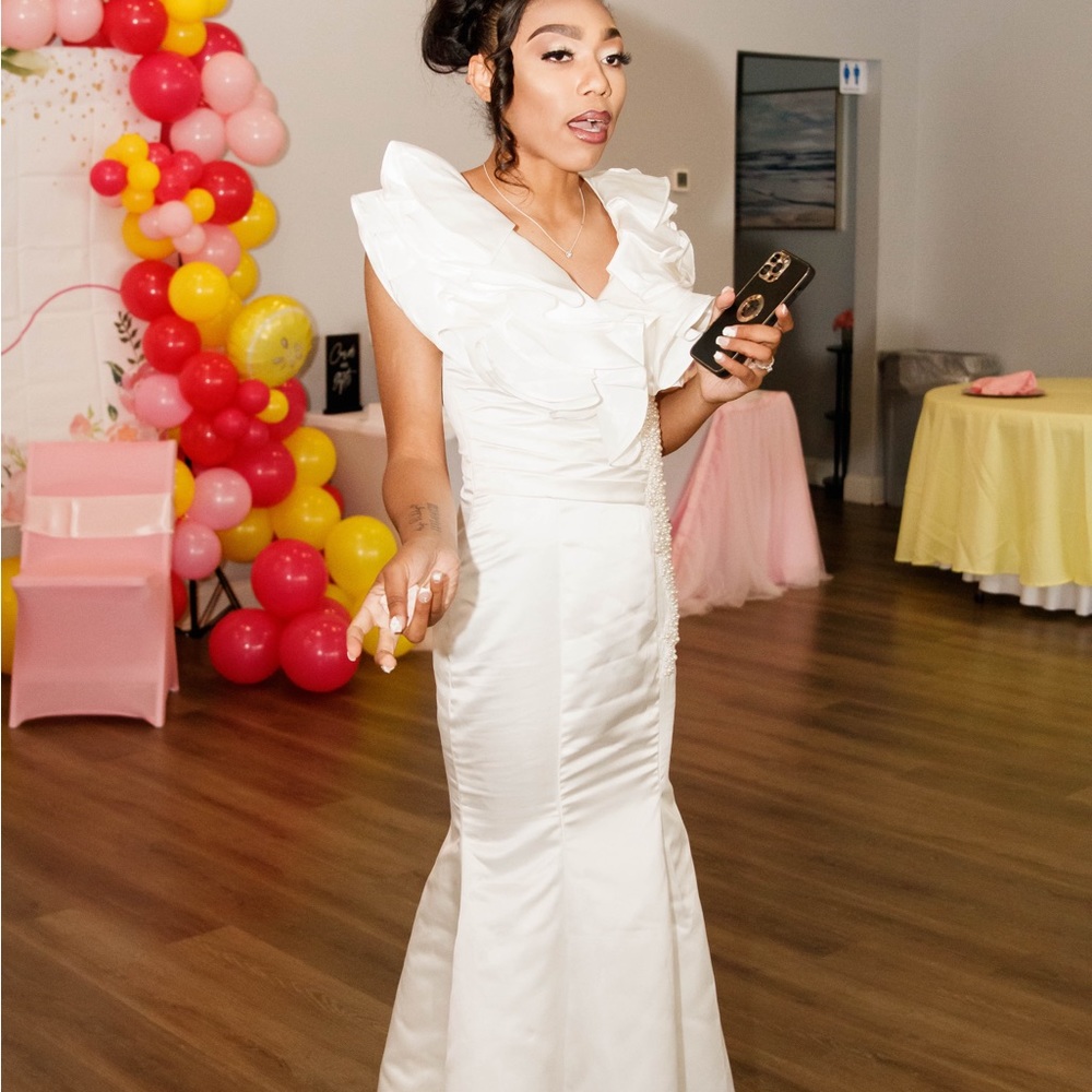 White formal dress with pearl and Diamond embellishments
